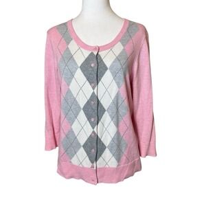 Talbots Cardigan Sweater Small Pink Academia Preppy Argyle‎ Twee Classic Pastel